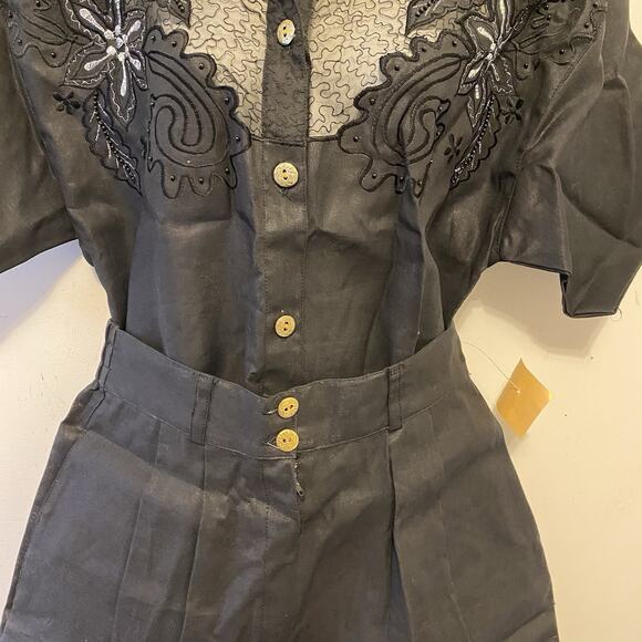 Vintage 90s ClubZ Floral Embroidered Black 2Pc TopShorts OutfitSet LinenCotton S - Picture 11 of 14